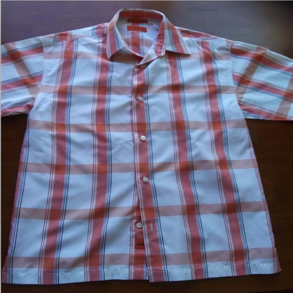 Attitude Youth Boys Button Down Shirt Coral/Orange White Plaid L